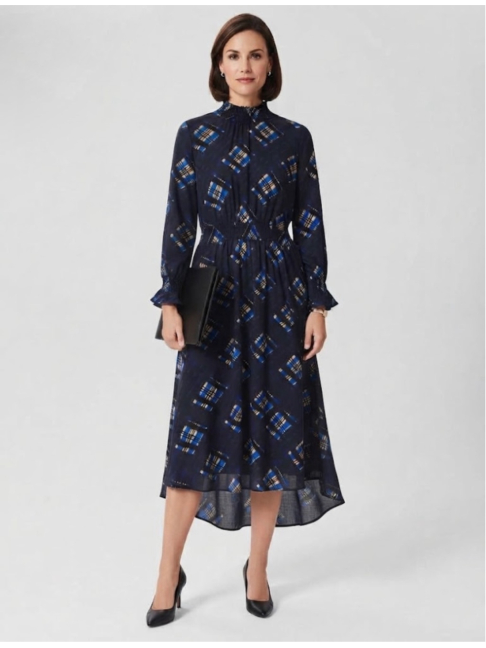 Nanette Lepore Midi Dress, Black and Blue Plaid, Long Sleeve Size 14
